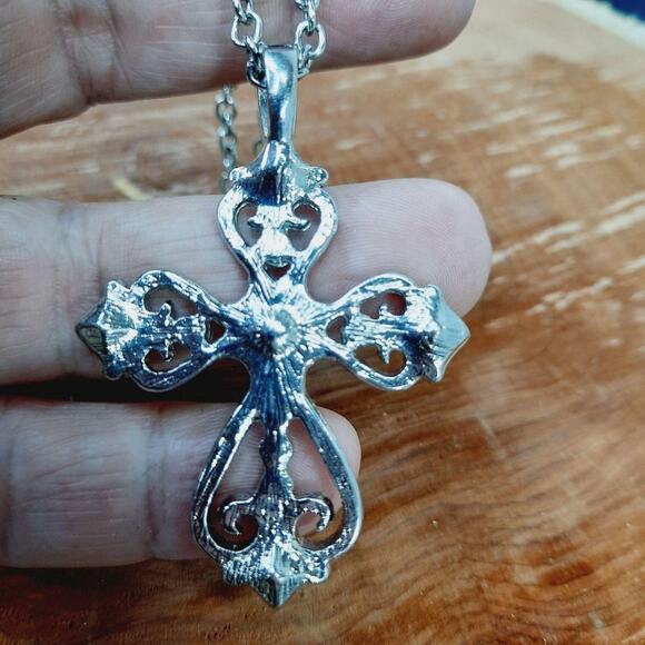 Pave Style Cross Necklace w/Rhinestones & Hearts - Picture 3 of 5